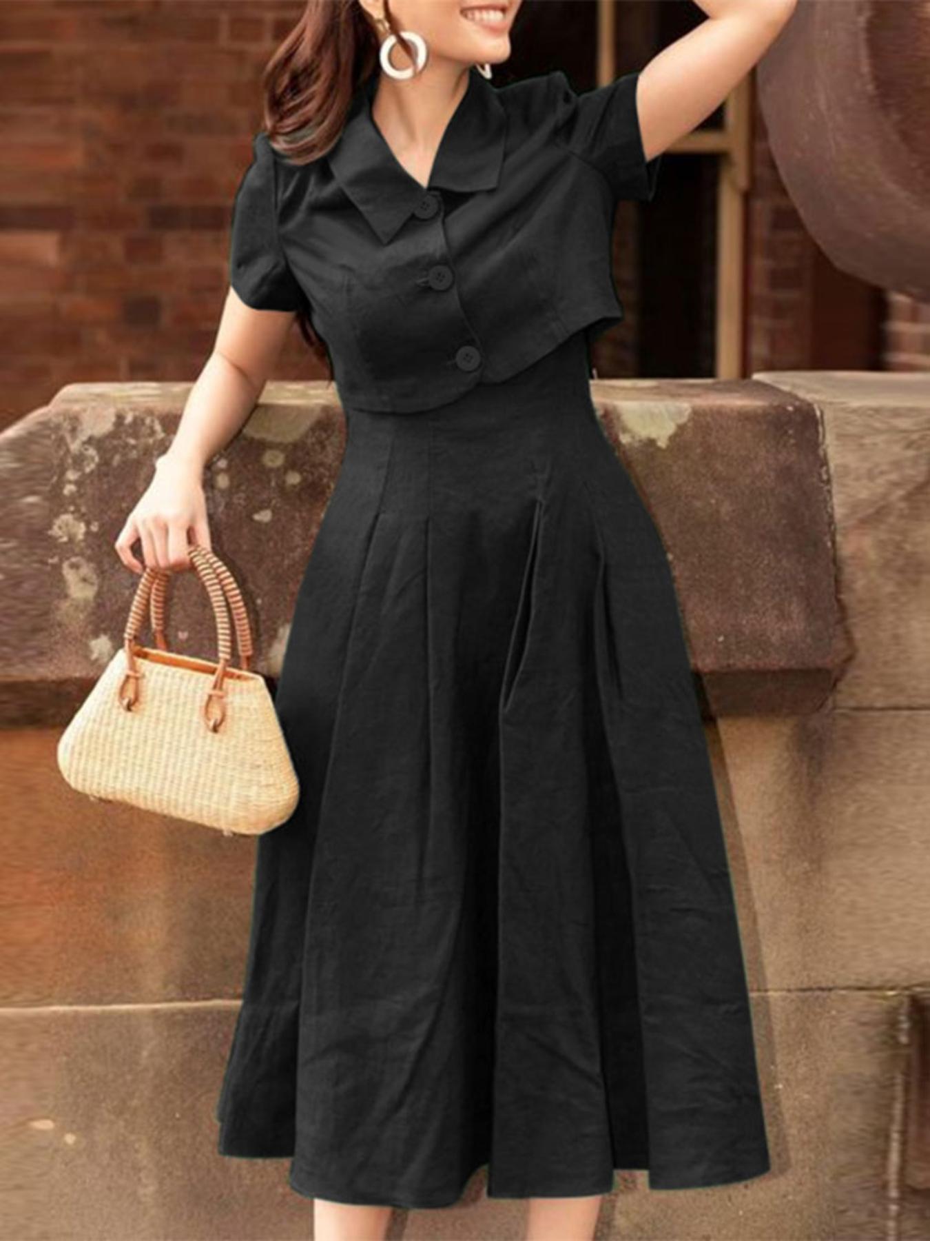 Elegantes Damen-Set: Jacke mit Kragen + plissiertes Sommerkleid