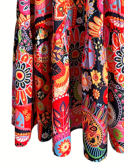 Orange Rotes Allover Print Rüschenkleid mit V-Ausschnitt, Ärmellos