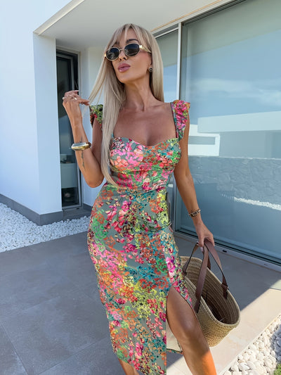 Figurbetontes Blumenmuster-Kleid mit Schlitz und Rückenfrei
