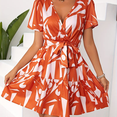 Bedrucktes Kleid mit frechem Ausschnitt - A-Linie, Volant und Taillenband