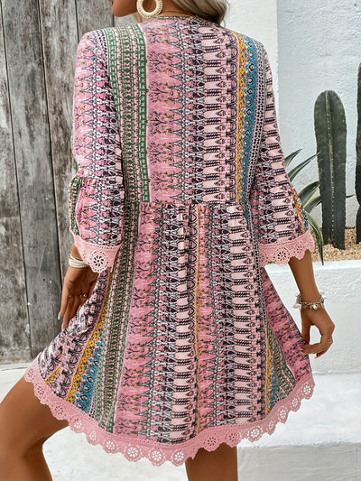 Elegantes V-Ausschnitt Kleid mit Spitze Leichtes Sommerkleid mit buntem Streifen