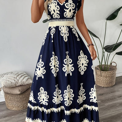 Dunkelblaues Blumenkleid mit V-Ausschnitt und Rüschen