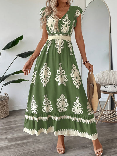 Dunkelblaues Blumenkleid mit V-Ausschnitt und Rüschen
