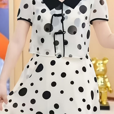Stylisches Schwarz-Weißes Erbsenkleid - A-Linien-Schnitt, V-Ausschnitt, kurze Ärmel