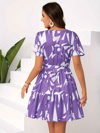 Bedrucktes Kleid mit frechem Ausschnitt - A-Linie, Volant und Taillenband