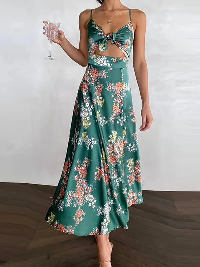 Maxikleid aus französischem Satin – mit Blumenmuster, asymmetrischem Saum, ärmellos, luftig und stilvoll für sommerliche Feste