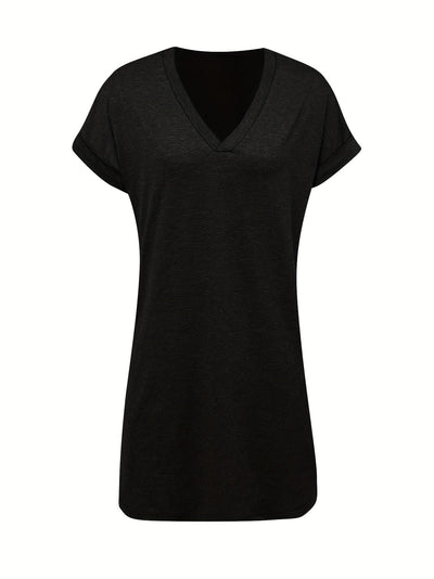 Elegantes Sommerkleid mit V-Ausschnitt und kurzen Ärmeln – Unifarben
