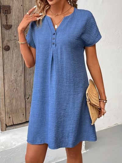 Blaues Damenkleid mit V-Ausschnitt und Fledermausärmeln – Polyester, maschinenwaschbar