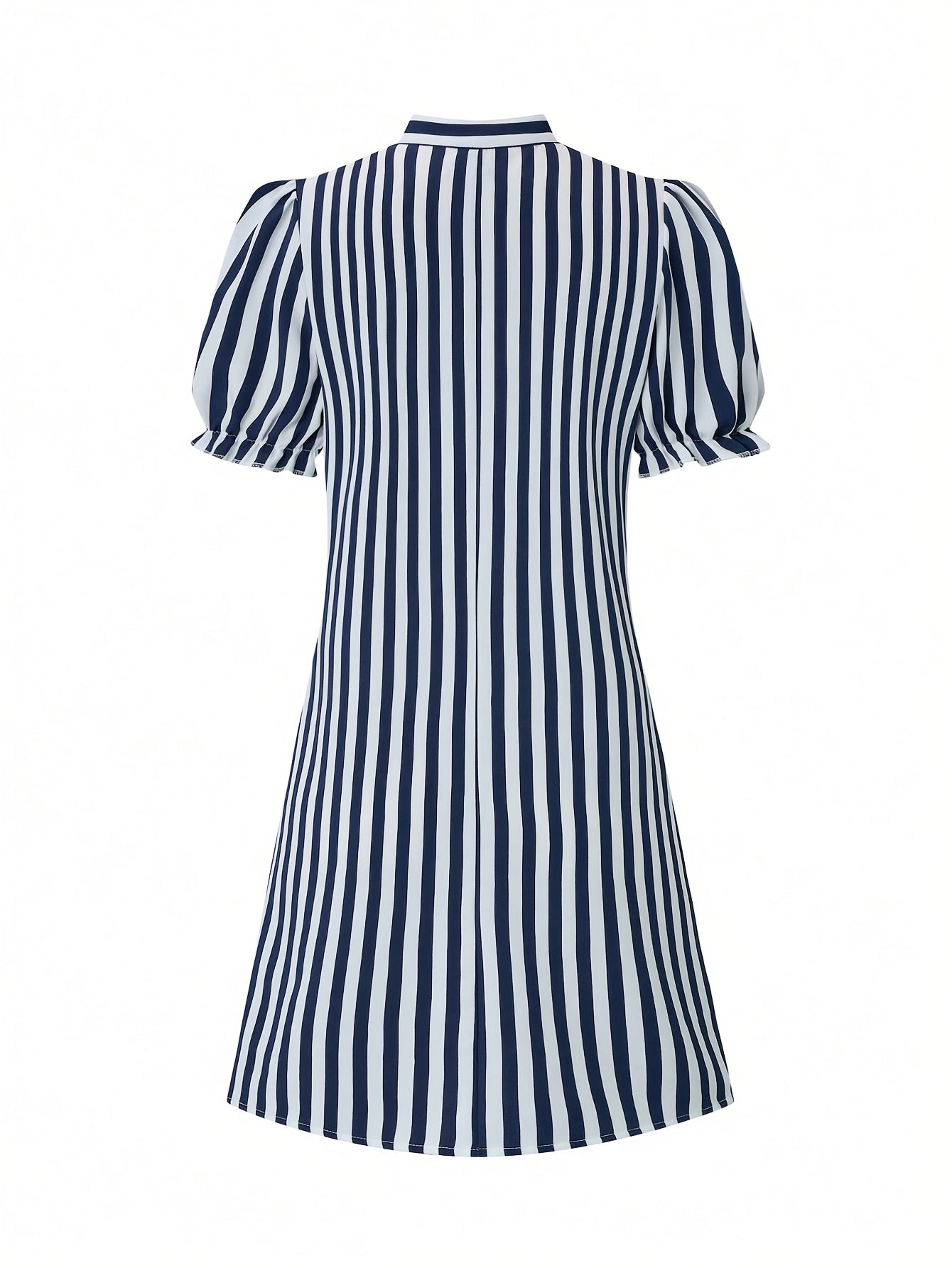 Blaues Strickkleid mit Streifen und V-Ausschnitt