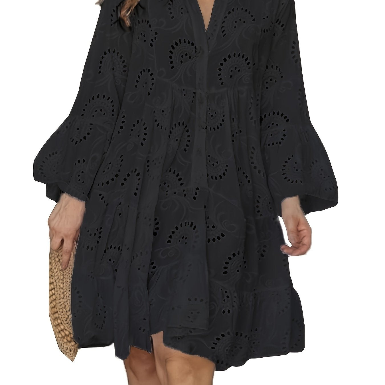 Elegantes Grünes Kleid mit V-Ausschnitt und Bestickten Glockenärmeln