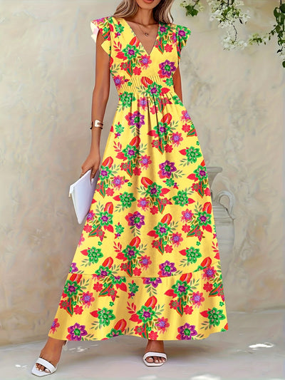 Elegantes langes geblümtes Kleid - V-Ausschnitt, Blumenärmel