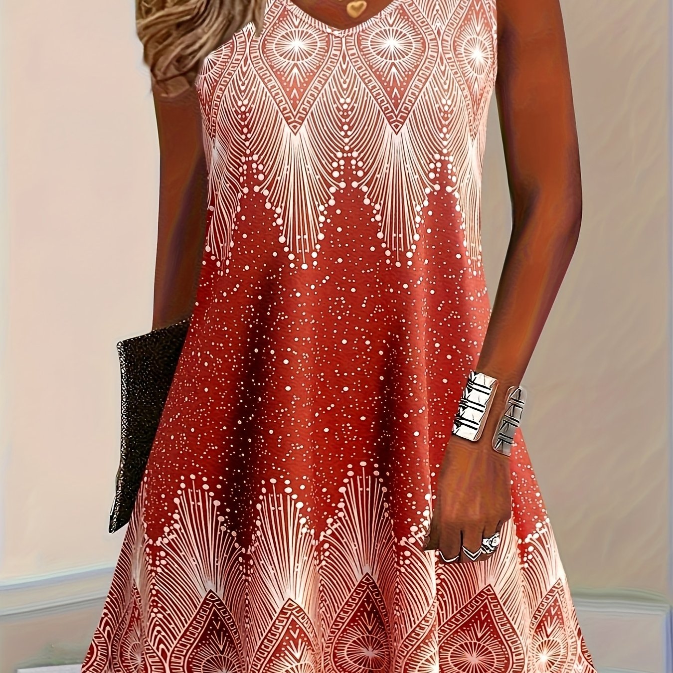 Elegantes ärmelloses Damenkleid mit S-Ausschnitt und geometrischem Muster