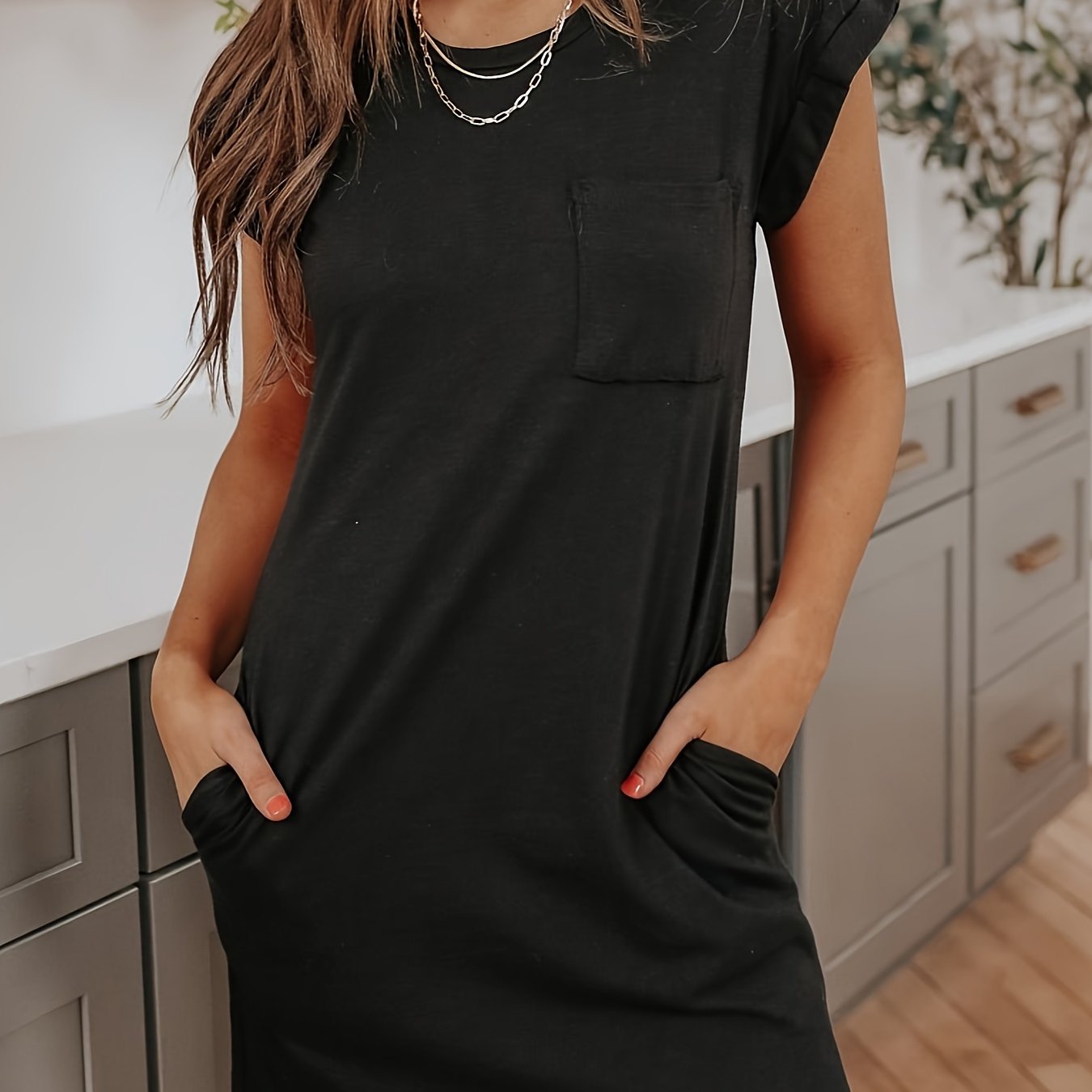 Damen Sommerkleid mit Taschen Lose geschnittene Ärmel Fledermaus