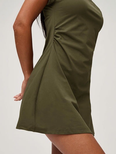 A-Linie Sommerkleid mit Falten und kurzen Ärmeln Farbe Khaki Modischer Schnitt