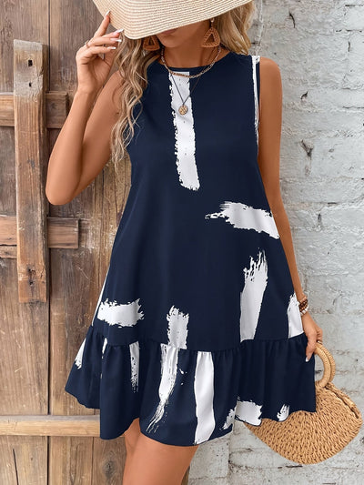 Ärmelloses Damenkleid mit Pinselstrich-Print in Marineblau und Weiß