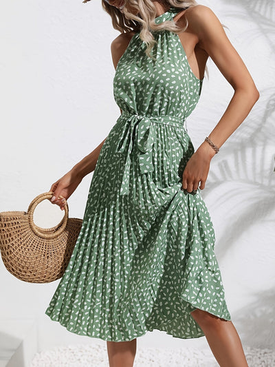Halterkleid mit grünen Punkten, Rüschen und Taillenbindung – Perfekt für Frühling und Sommer