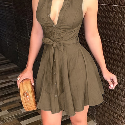 Damen Hemdblusenkleid mit Gürtel – Kurzarm, Unifarbe
