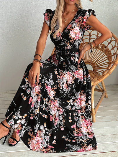 Schwarzes Sommerkleid mit Blumenmuster, Gürtel und Volant
