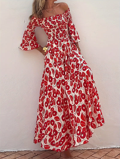 Maxikleid mit Rüschen - trägerlos mit blauen und roten Motiven