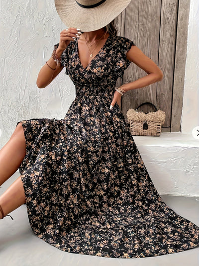 Gerafftes A-Linien-Kleid mit Rüschensleeves und Blumendruck