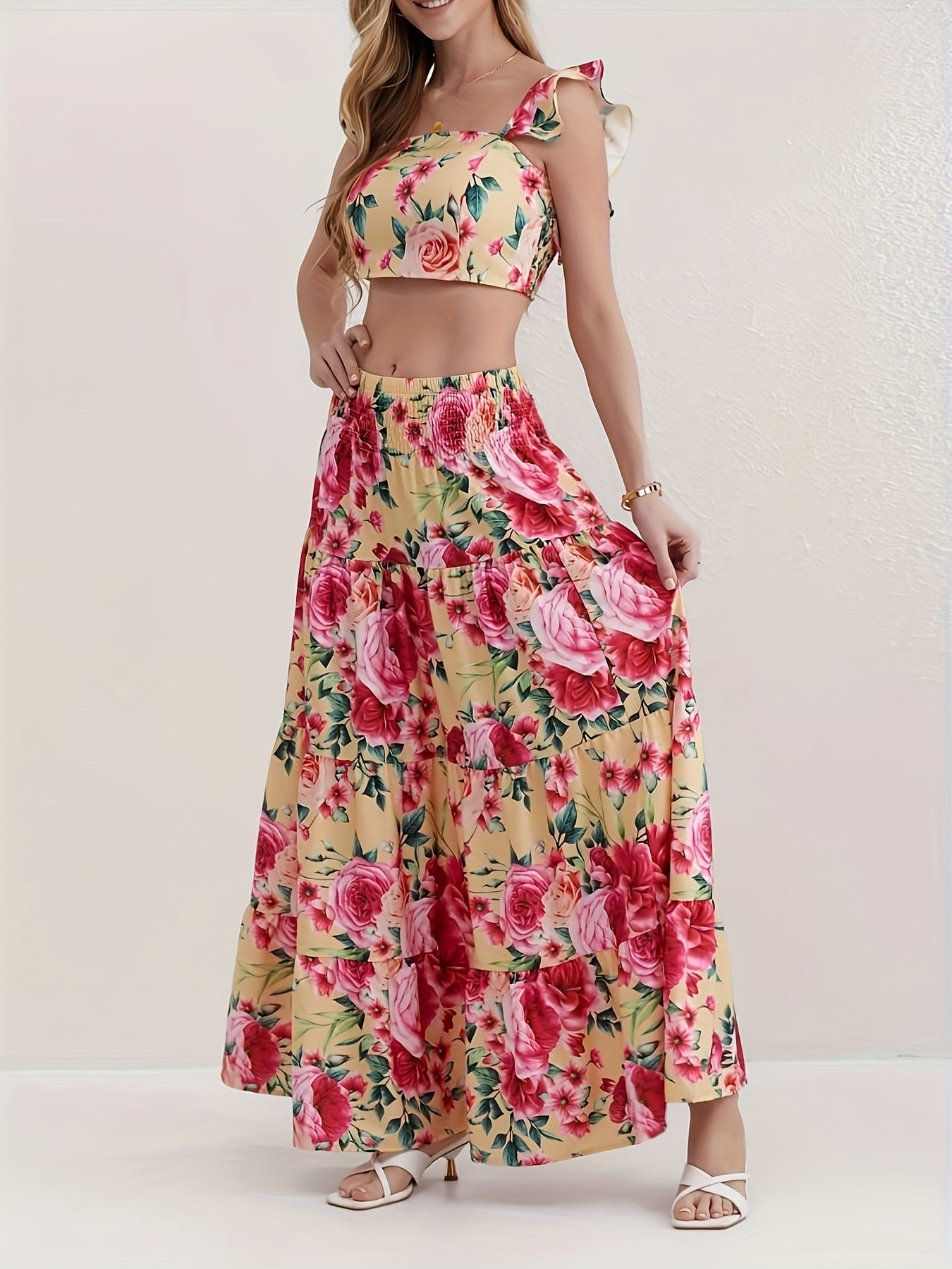 Zweiteiliges Set: Kurzes Oberteil mit Rüsche und ausgestellter Rock - Summer Holiday Style