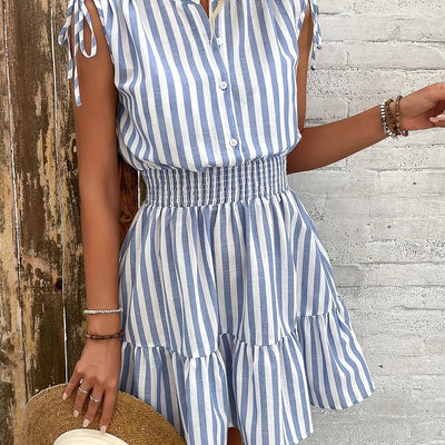 Gestreiftes Sommerkleid mit Bindebändern Blau/Weiß Casual