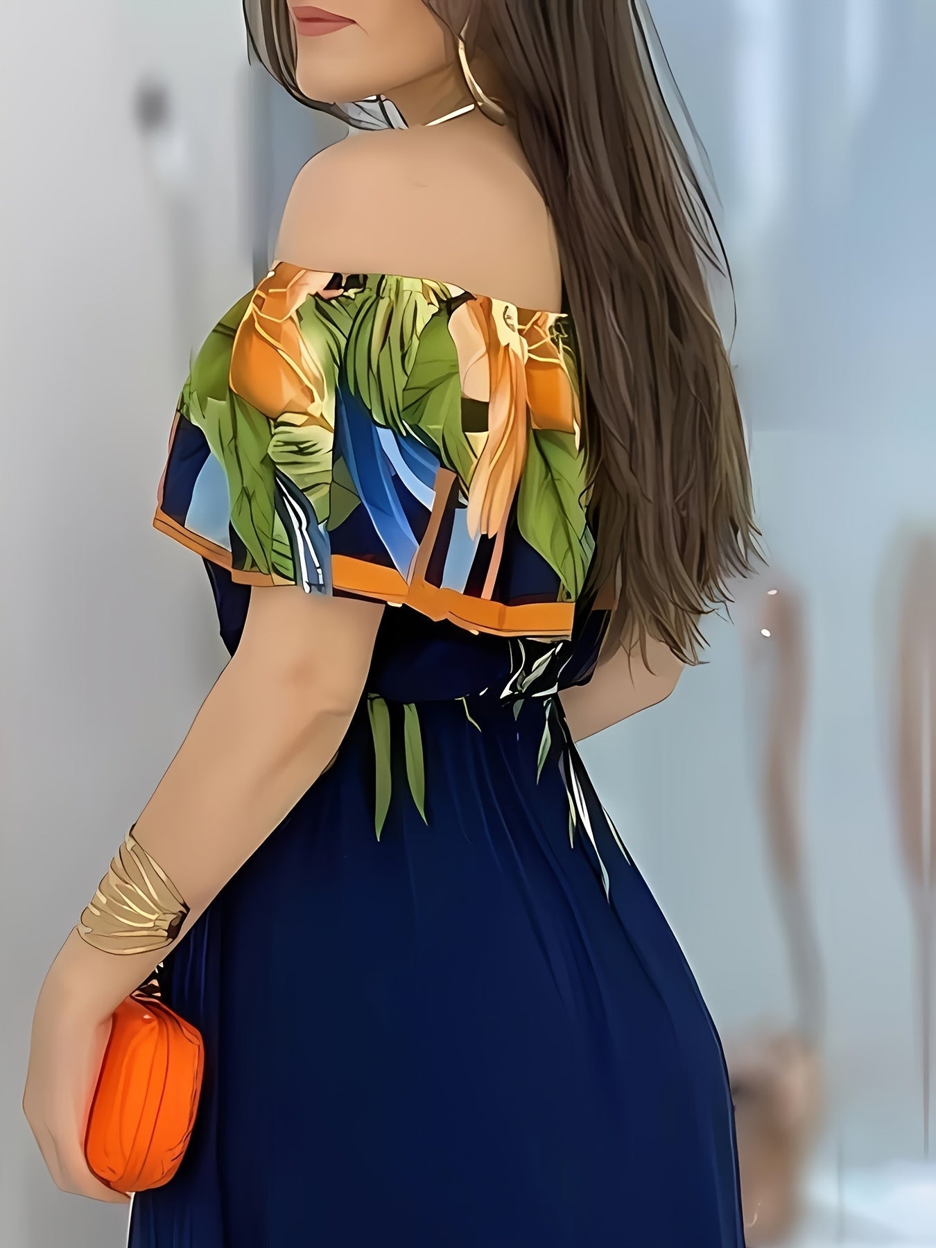 Tropisches Maxikleid mit offenen Schultern