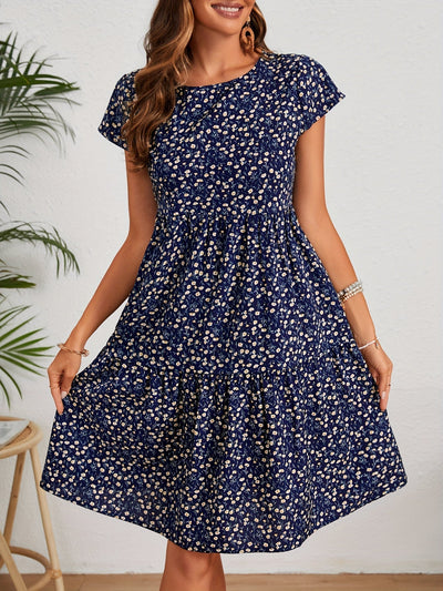 Leichtes Vintage-Kleid – Blumendruck, Kurzarm, Rundhalsausschnitt, feminines Sommerkleid