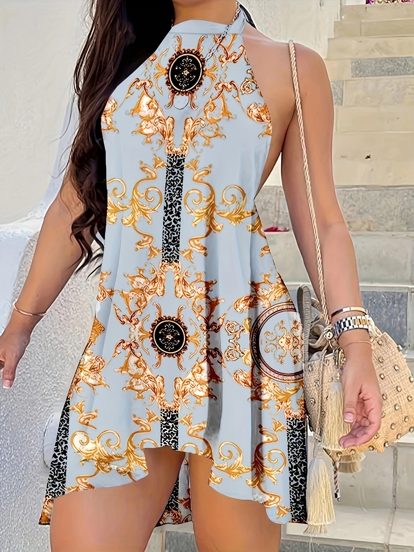 Kleid mit Nackenbindung und Rüschen – Barockes Blumenmuster