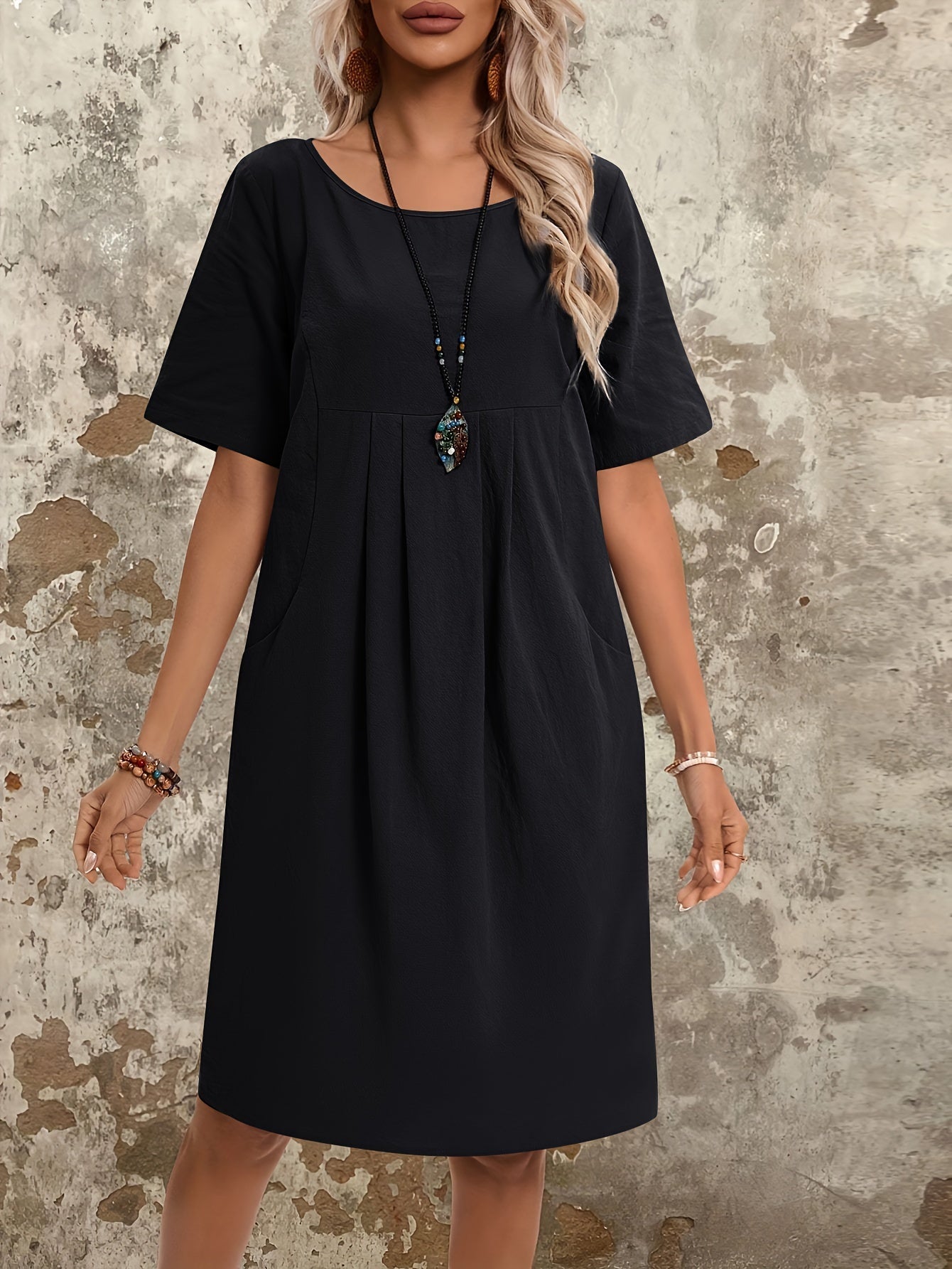 Baumwollkleid mit Taschen, kurze Ärmel für alle Jahreszeiten