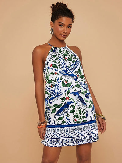Ärmelloses Sommer-Minikleid mit Vogel- und Pflanzenmotiv, weiß