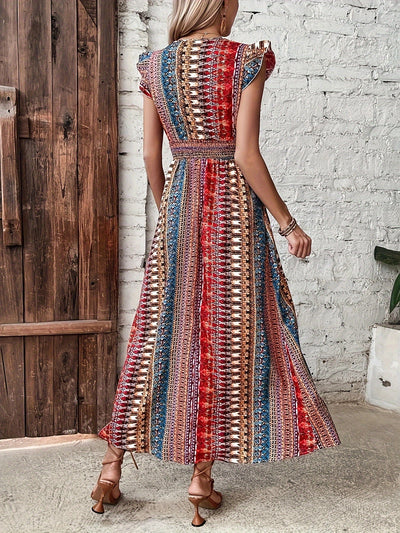 Gestreiftes Kleid mit V-Ausschnitt Sommerkleid mit Rüschen und Schlitz für Frauen