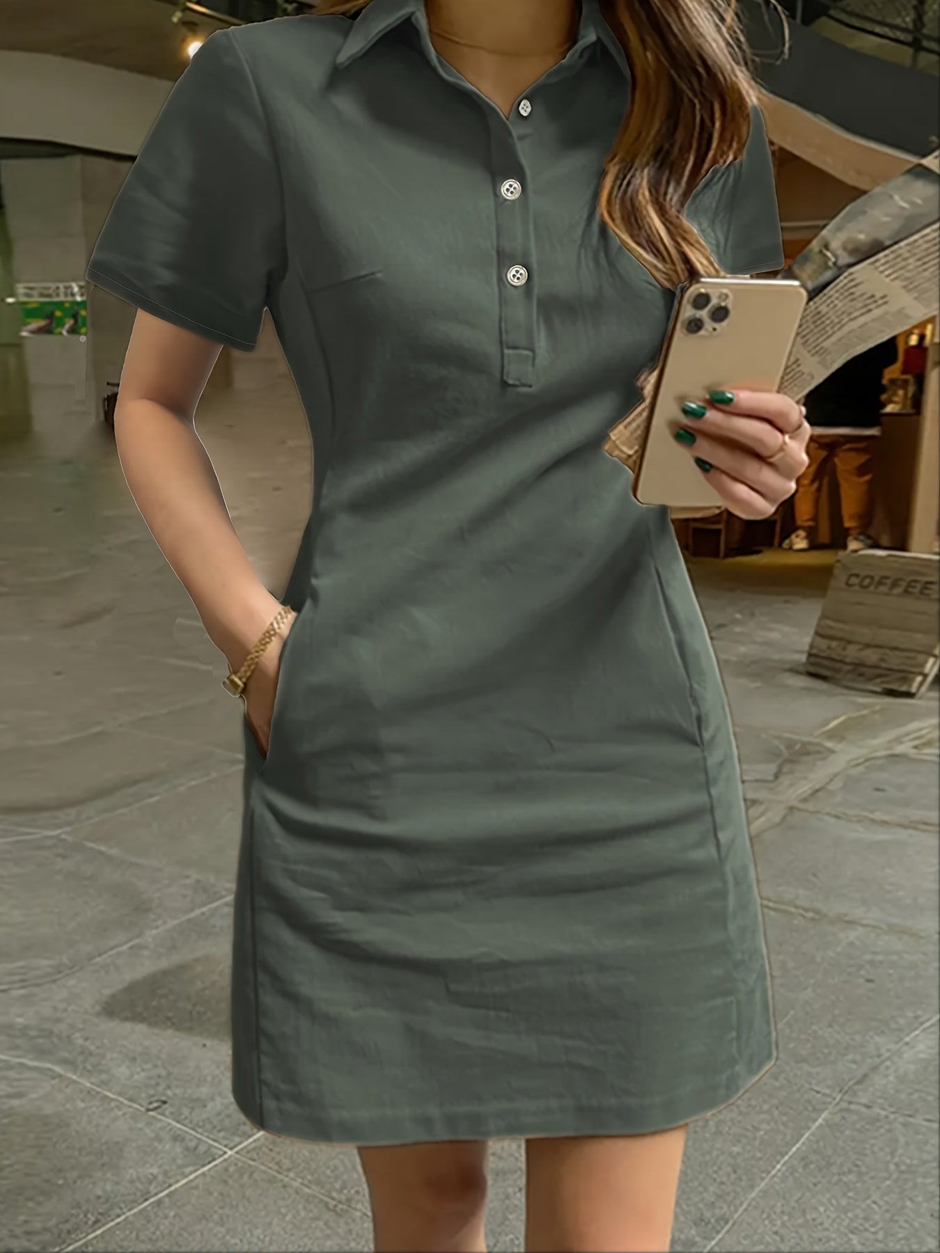 Damen Slim-Fit Minikleid mit Kragen – Olivgrün