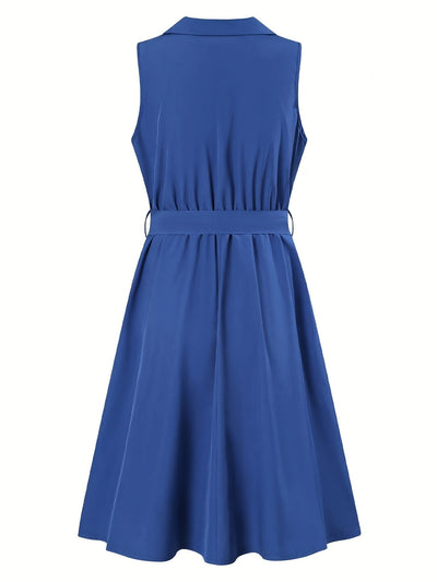 Elegantes A-Linien-Kleid mit Gürtel für den Alltag, Blau, Polyester