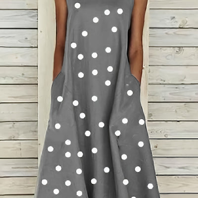 Damen Sommerkleid Polka Dot Langes Ärmelloses Schößchen Bequemes Urlaubskleid