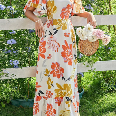 Langes Damen-Blumenkleid mit Rüschen - Multicolour