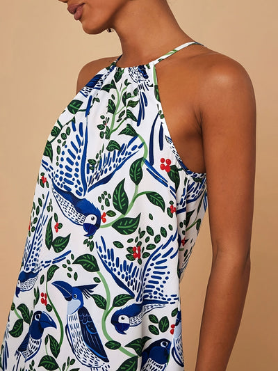 Ärmelloses Sommer-Minikleid mit Vogel- und Pflanzenmotiv, weiß