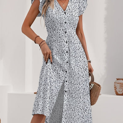 Geblümtes Kleid mit Volants, V-Ausschnitt, Knöpfen - Sommerliche Eleganz