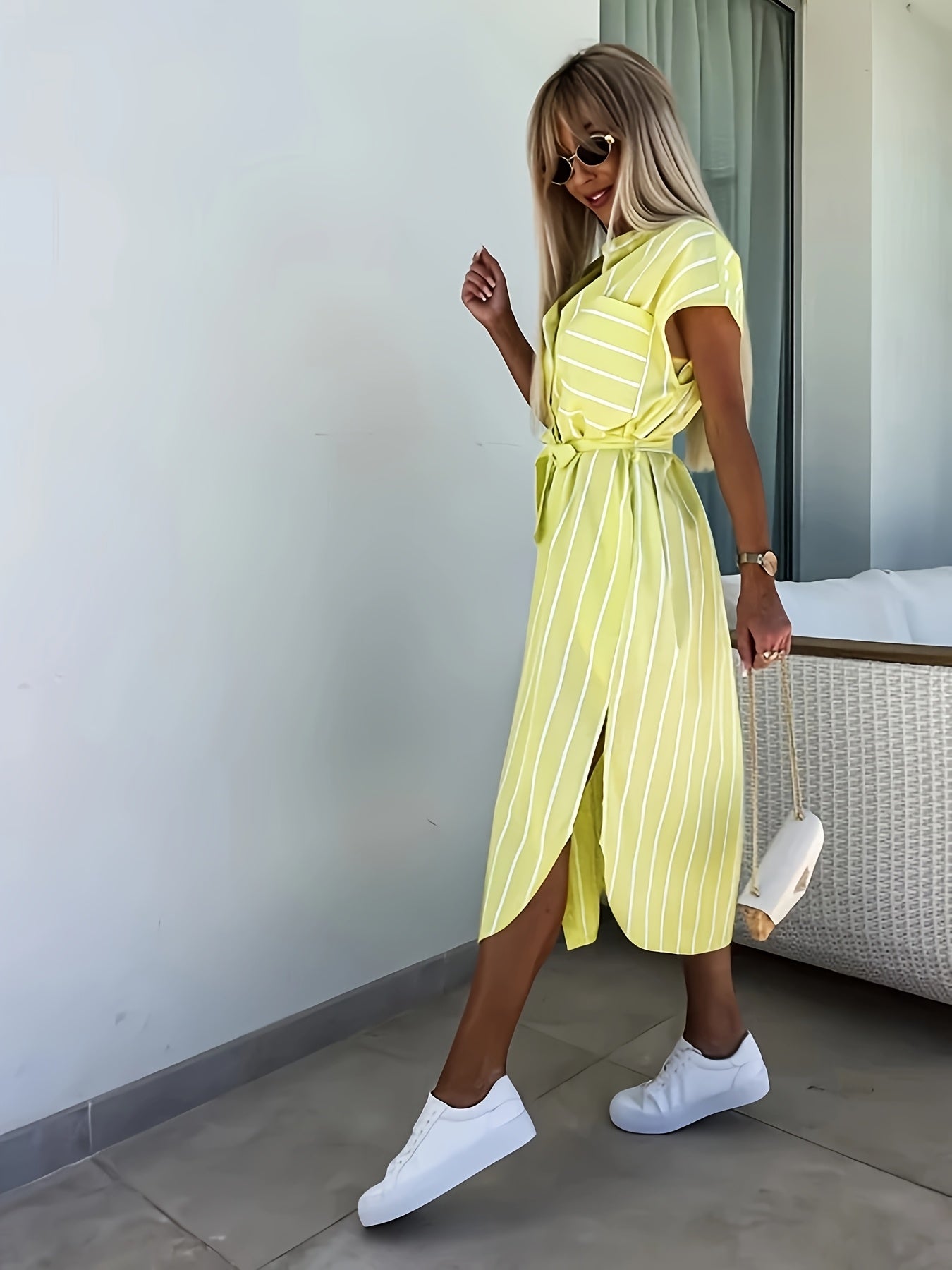 Sommerliches gestreiftes Maxikleid mit langen Ärmeln, lockerem Kragen und Stehkragen