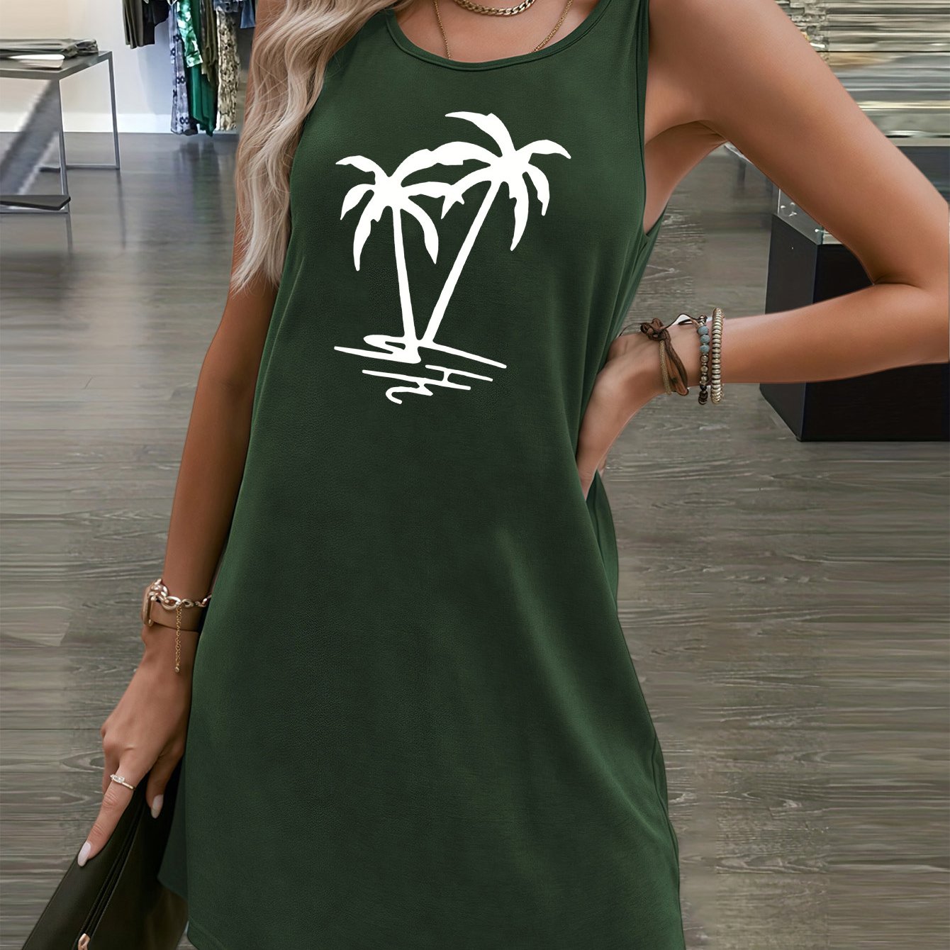 Ärmelloses Damen-Sommerkleid mit Palmen-Print