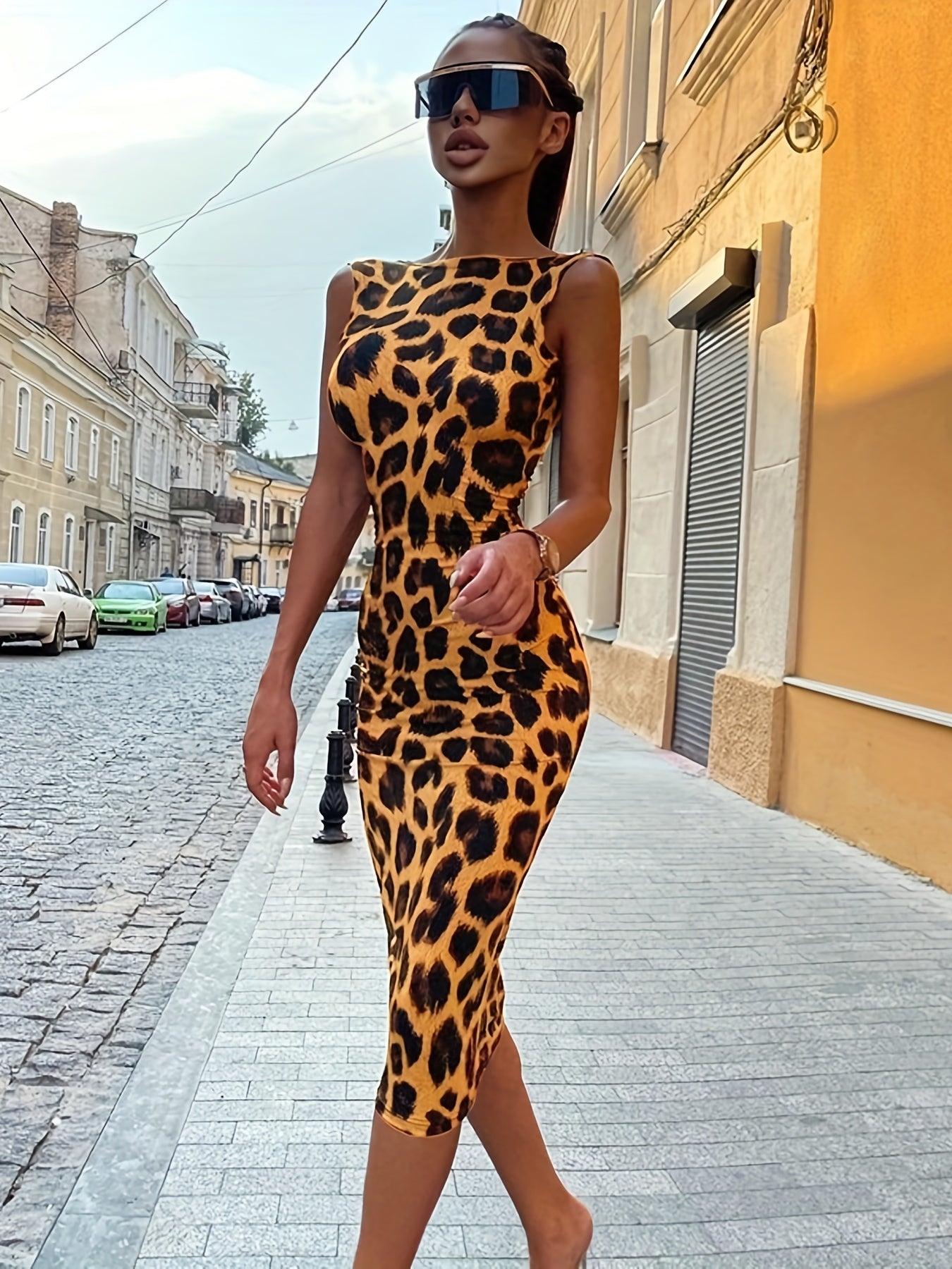 Leoparden Bodycon Kleid – Rückenfrei, Skinny Fit im Gothic-Stil
