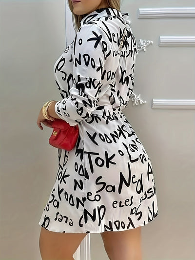 Langes Damenkleid mit Buchstaben-Print und Gürtel