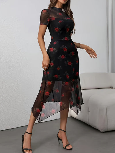Elegantes Midikleid aus transparentem Mesh mit Blumenmuster