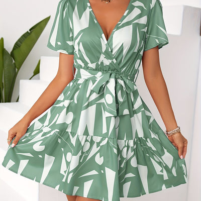 Bedrucktes Kleid mit frechem Ausschnitt - A-Linie, Volant und Taillenband