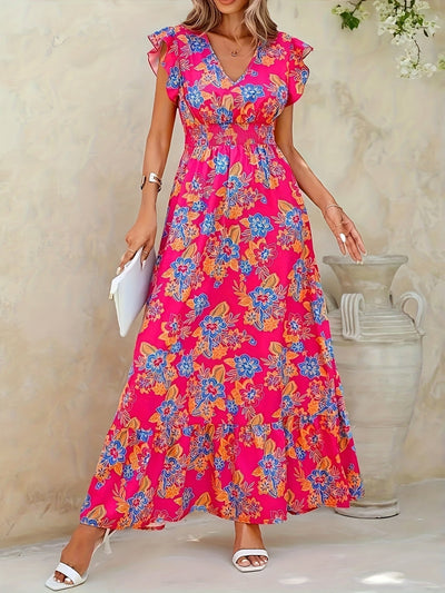 Elegantes langes geblümtes Kleid - V-Ausschnitt, Blumenärmel