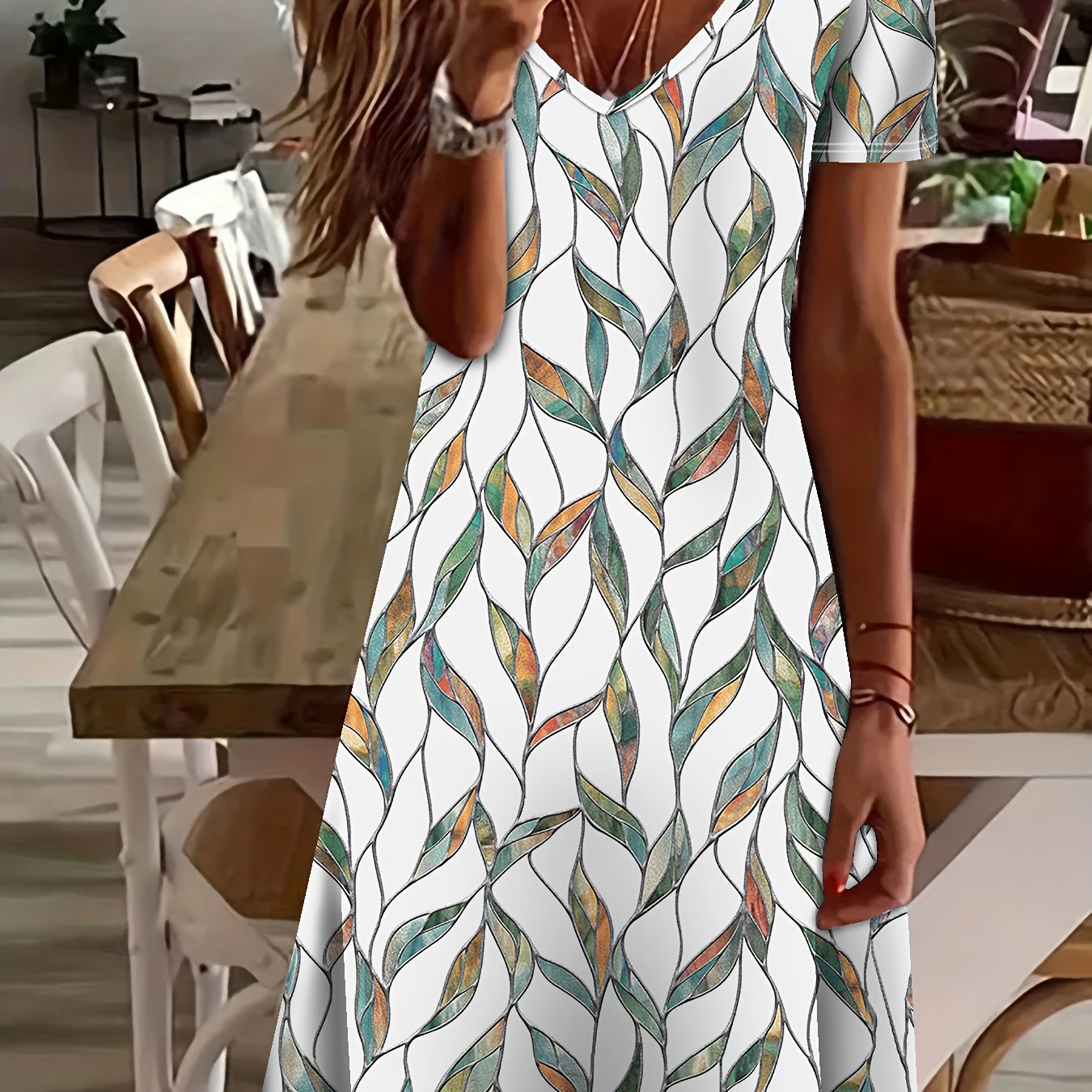 Damen Midi-Kleid im Blätter-Muster