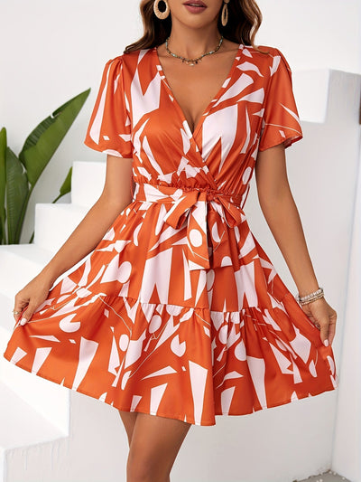 Bedrucktes Kleid mit frechem Ausschnitt - A-Linie, Volant und Taillenband