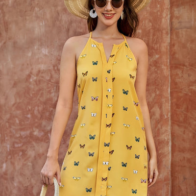 Schickes Gelbes Ärmelloses Kleid mit Schmetterlingsmotiv – Sommerliche Eleganz