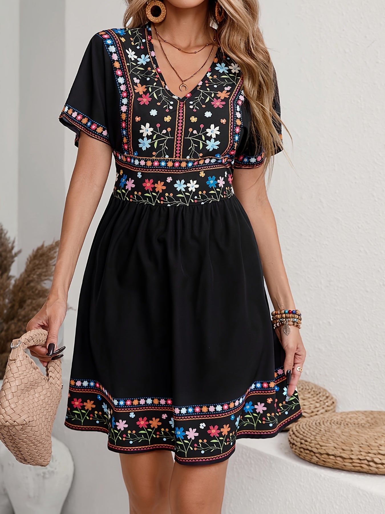 Weiß-blaues Sommerkleid mit Blumenmuster und V-Ausschnitt