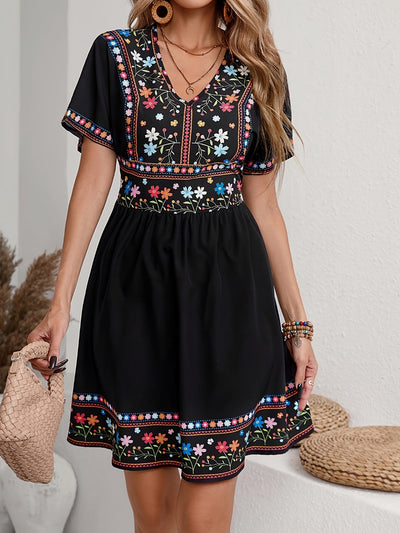 Weiß-blaues Sommerkleid mit Blumenmuster und V-Ausschnitt